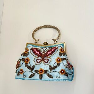 RARE Vintage Embroidered Butterfly Bead Handbag - Light Blue